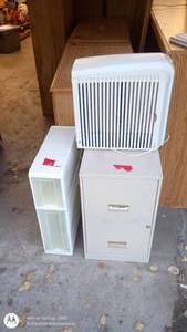lot 37 image: Small White Tabletop Fan, Beige File Cabinet, and Plastic Organizer Set