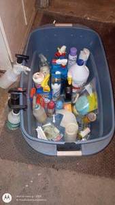 lot 75 image: Large Bin of Household Cleaning Supplies and Sprayers