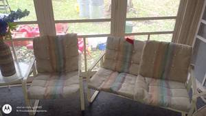 lot 77 image: Set of 4 Vintage Metal Patio Chairs with Cushions and Glass Side Table