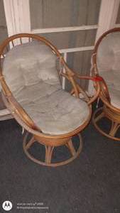 lot 79 image: Pair of Rattan Swivel Chairs with Cushions
