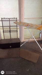 lot 93 image: Folding Ironing Board, Metal Storage Chest, and Wall Rack Set