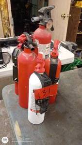 lot 131 image: Group of 5 Assorted Fire Extinguishers with Wall Mounts