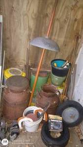 lot 154 image: Group of Vintage Milk Cans, Garden Tools, Buckets and Utility Items