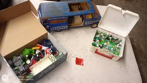 lot 167 image: Vintage Metal Toy Van, Assorted Toy Vehicles, and Box of Marbles Set