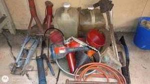 lot 177 image: Assortment of Garage Tools with Jacks, Funnels, Cans, and Accessories