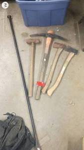 lot 179 image: Lot of Sledge Hammers, Axes, Pickaxe, and Pry Bar
