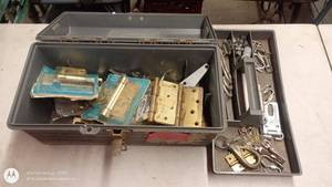 lot 182 image: Metal Toolbox with Assorted Hinges, Latches, and Hardware