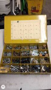 lot 185 image: Vintage Yellow Metal Organizer Box with Assorted Hardware and Fasteners