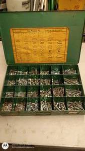 lot 186 image: Metal Organizer Box with Assorted Bolts, Nuts, Washers and Hardware