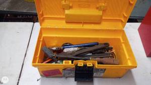 lot 203 image: Yellow Tool Box with Assorted Hand Tools