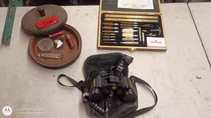 lot 204 image: Binoculars, Winchester Gun Cleaning Kit, and Hunting Accessories Lot