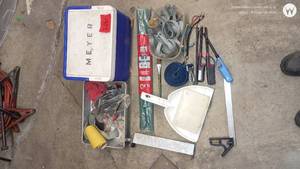 lot 216 image: Assorted Hand Tools and Garage Accessories Lot with Cooler and Measuring Tools
