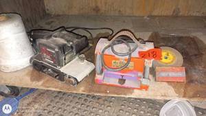 lot 218 image: Craftsman Belt Sander and Central Machinery Bench Sander with Grinding Disc