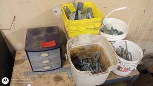lot 220 image: Assortment of Metal Brackets and Hardware in Storage Bins and Containers