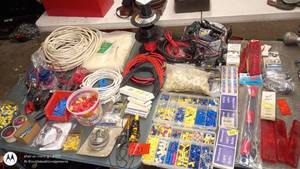 lot 221 image: Collection of Electrical Supplies and Hardware including Wire, Connectors, and Light Lenses