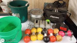 lot 231 image: Collection of Weights, Plastic Buckets, and Premier Equipment Bag
