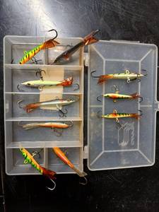 lot 233 image: Set of 8 Ice Fishing Jigging Lures with Plano Case