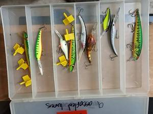 lot 244 image: Collection of 8 Assorted Fishing Lures with Tackle Box