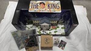 lot 253 image: Lot of Elvis Collectibles - Graceland Model, License plate, Mug, Figurine