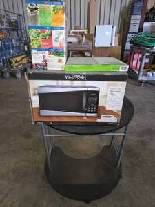 lot 132 image: Small Desk, Microwave, Scale, Blender