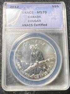2012 CANADIAN COUGAR 1 TROY OZ .9999 FINE SILVER ANACS MS70