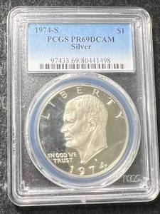 lot 11 image: 1974-S US SILVER EISENHOWER DOLLAR PCGS PR69DCAM