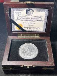 lot 77 image: 2 TROY OZ .999 FINE SILVER CHRISTOPHER COLUMBUS ROUND IN BOX
