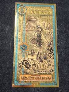 lot 80 image: 1200TH TROY OZ 24K GOLD $5 SOUTH DAKOTA GOLDBACK