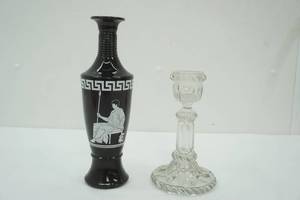 lot 26 image: Vintage 1958 Jim Beam Greek Style Glass Vase & AntiqueVintage Baccarat Crystal Candlestick