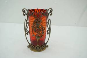 lot 38 image: Vintage Red Glass Vase wCopper Alloy Metal Stand USSR 1970s