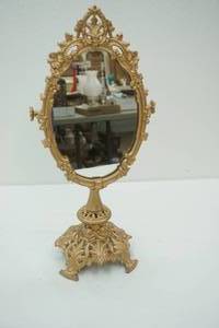 lot 57 image: Antique Cast Metal Tabletop Vanity Mirror
