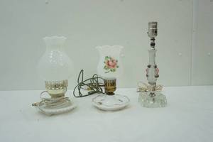 lot 65 image: Vintage Milk Glass Rose Table Lamp & Hobnail Hurricane Table Lamp