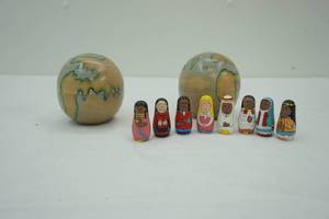 lot 85 image: (2ct) Vintage Wooden World Globes with 8 Nesting Dolls