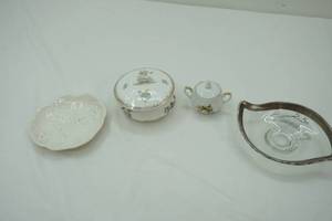 lot 88 image: Vintage Ivory Porcelain Plate-Made in Italy, 25th Anniversary Silver-Plated Trim Plate, W.H. Tatler Soap Dish, Sugar Bowl-G&G Minneapolis-Japan