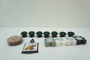 lot 108 image: Stone Puzzle Tealight Holder Set, Stone Coaster Set, Green Glass Holders