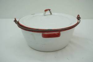lot 131 image: VintageAntique White Enamelware with Red Trim Pot and Lid