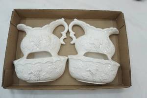 lot 134 image: Vintage Decorama White Grapevine Ceramic Wall Pocket Pitchers (2ct)