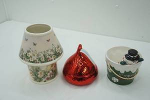lot 139 image: Carson Porcelain Butterfly & Flower Candle Holder Snowman Planter Ceramic Hershey Kiss Trinket Canister with Lid