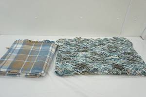 lot 142 image: Knitted Afghan approx. 66x52& Plaid Throw Blanket 50x 52