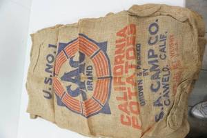 lot 144 image: Vintage California Potato Sacks (4ct) 1 plain sac