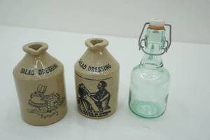 lot 191 image: Vintage Stoneware Salad Dressing Jugs & Vintage Glass Bottle