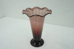 lot 214 image: Vintage Fenton Amethyst Vase wRuffled Top & White Stripes