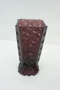 lot 219 image: Vintage Amethyst Purple Pressed Glass Square Vase 8 tall
