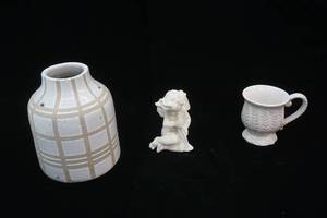lot 231 image: Ceramic Striped Jug, Leaf Cup, Cherub Figurine