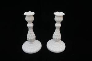 lot 233 image: Vintage Fenton Milk Glass Candle Holders 8.5 tall
