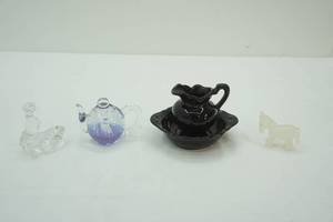 lot 236 image: Black Ceramic Mini Wash Basin and Pitcher Princess House Crystal Seal wBall Vintage Carved White Quartz Mini Donkey Vintage Glass Floating Teapot