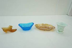 lot 238 image: Vintage Fenton Amber Glass Shoe Vintage Blue Pressed Glass Candy Dish Vintage Amber Carnival Glass Relish Dish Akro Agate Lily Vase