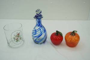lot 245 image: Glass Vase Blue Swirl Decanter Glass Apples