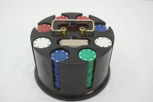 lot 119 image: Vintage Wooden Poker Chip Carousel with Poker Chips and Cards