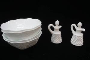 lot 287 image: Vintage Milk Glass Bowls (4ct)  & Fenton Hobnail Glass Cruets with Stoppers (2ct)